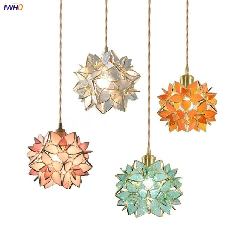 Afralia™ Flower Glass Pendant Lamp E27 Copper Hanging Light - Adjustable 200cm Wire