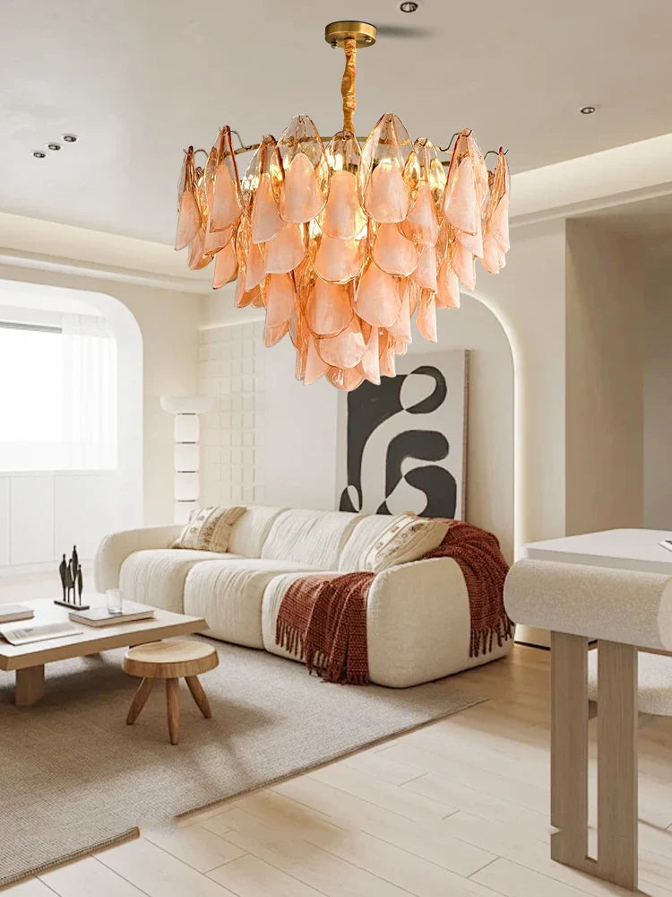 Afralia™ Gold Chrome Amber Glass Petal Chandelier Leaf Luxury Hanging Lamp
