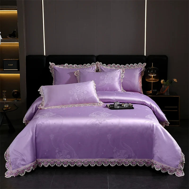 Afralia™ Golden Jacquard Cotton Lace Bedding Set - Silky Soft Duvet Cover, Flat Sheet, Pillowcase