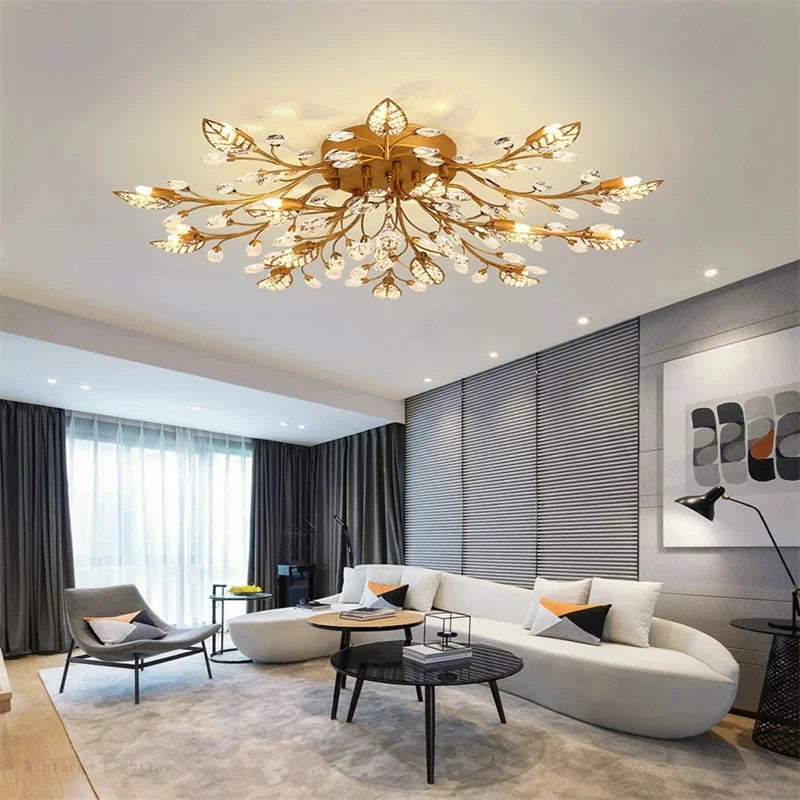 Afralia™ Modern Black Gold Leaves Crystal LED Ceiling Lamp for Living Room Bedroom