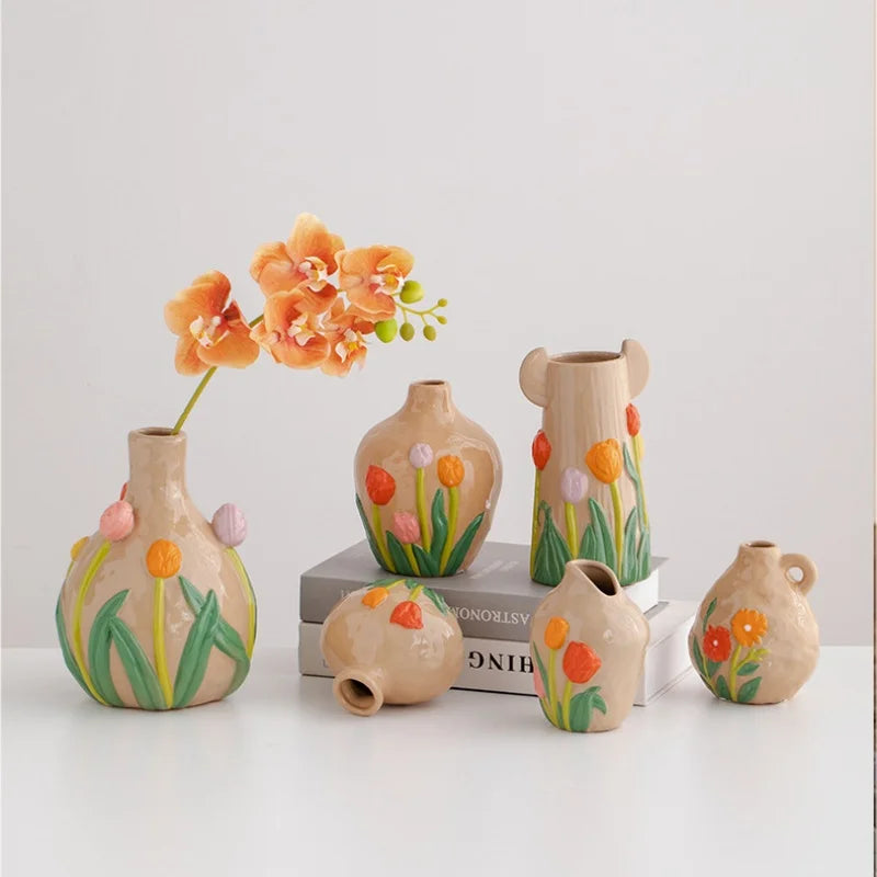 Afralia™ Ceramic Tulip Vase: Handmade Vintage 3D Flower Arrangement Home Decor