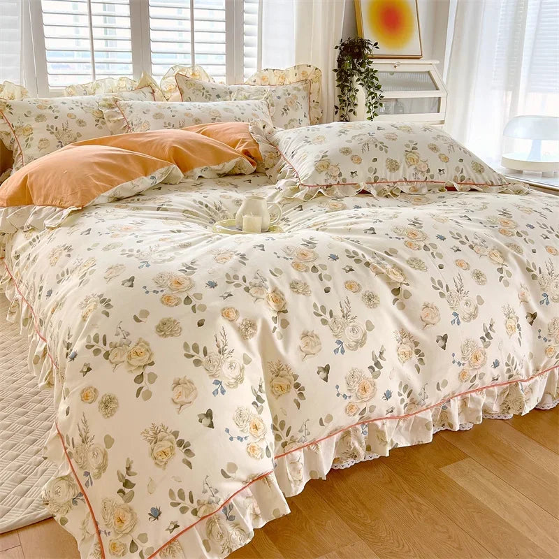 Afralia™ Floral Princess 100% Cotton Duvet Set for Queen Size Bed
