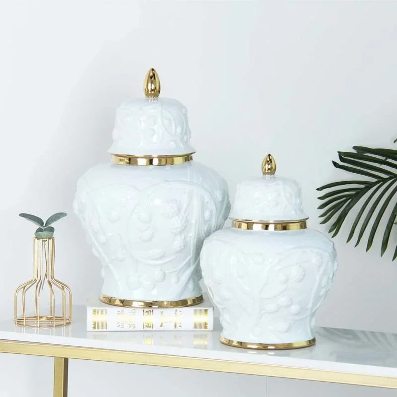 Afralia™ Embossed Flower Ceramic Ginger Jar Vase - Home Decor Storage Tank