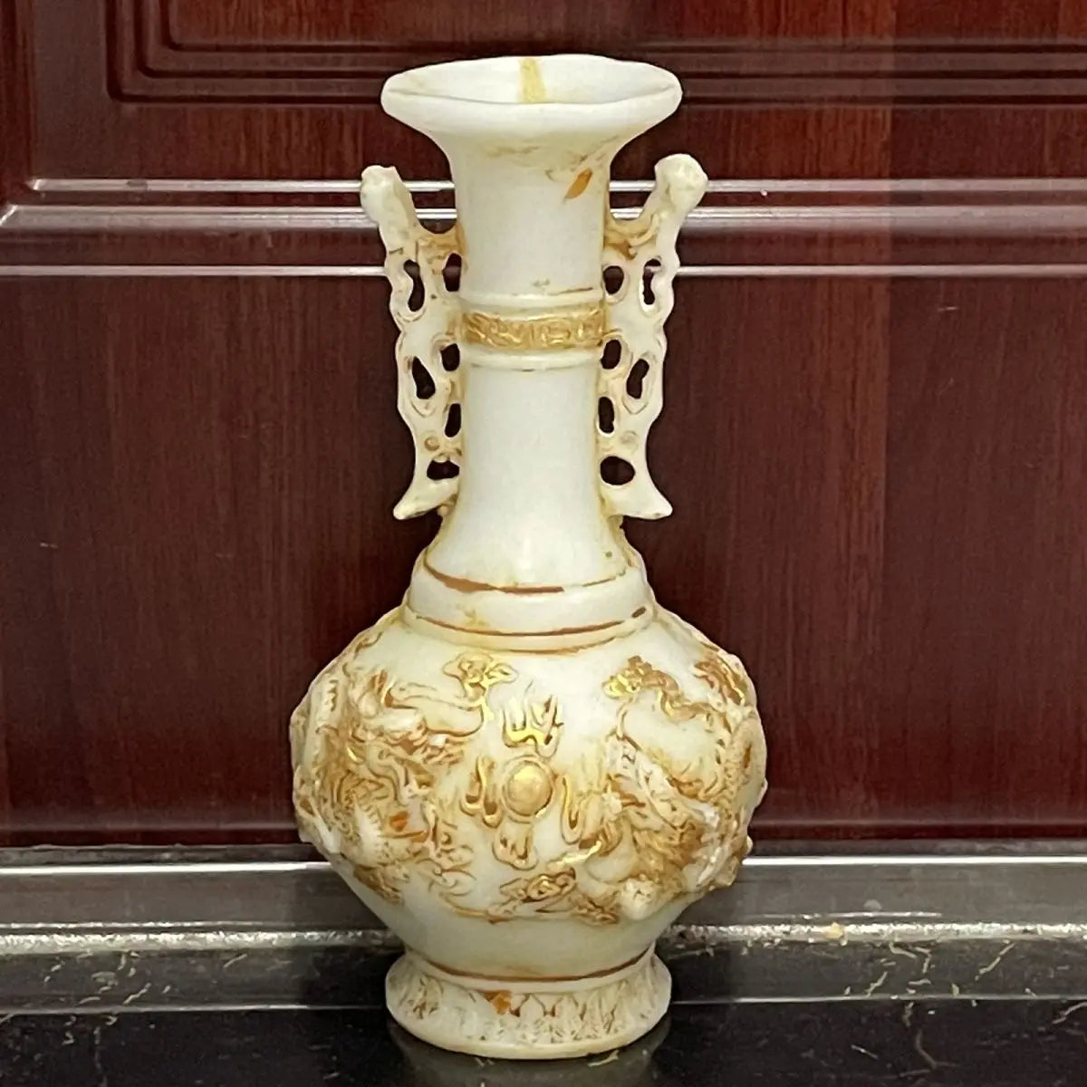 "Afralia™ White Marble Gold Vase with Ming and Qing Antique Jade Dragons"