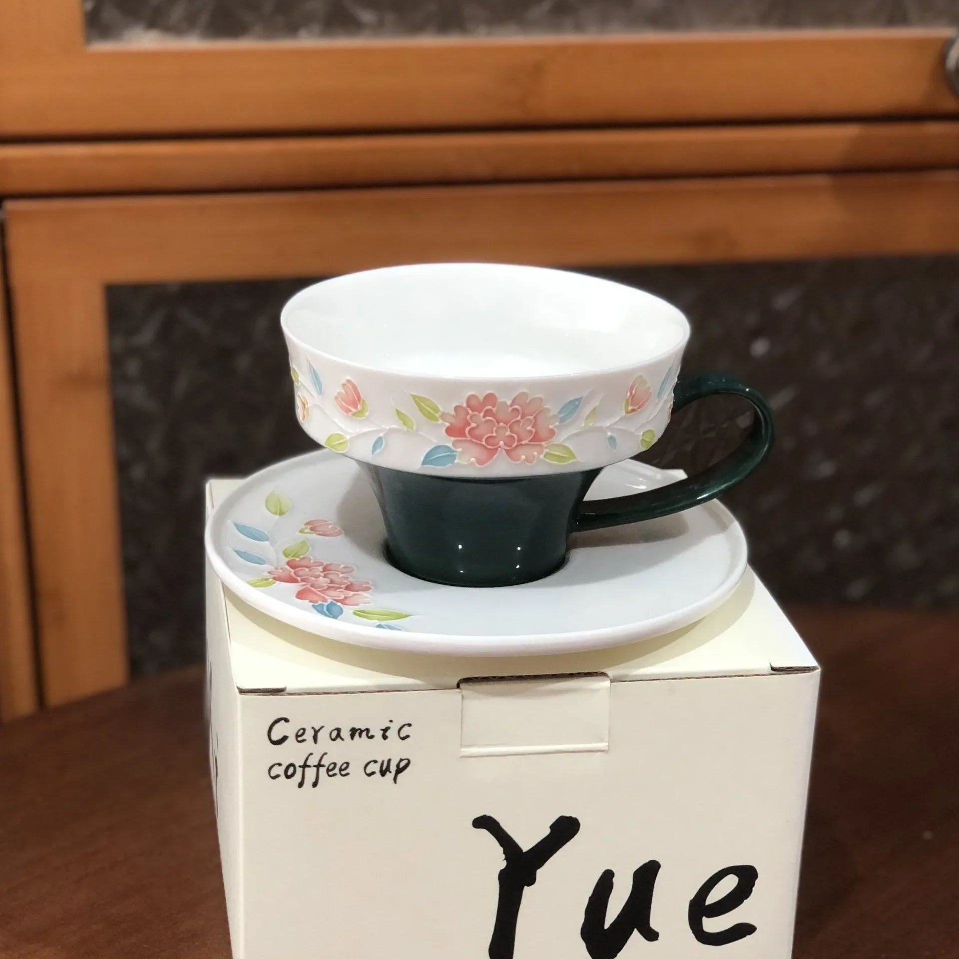 Afralia™ Peony Flower Ceramic Cup & Saucer Set for Dining Table and Coffee, Tea or Juice