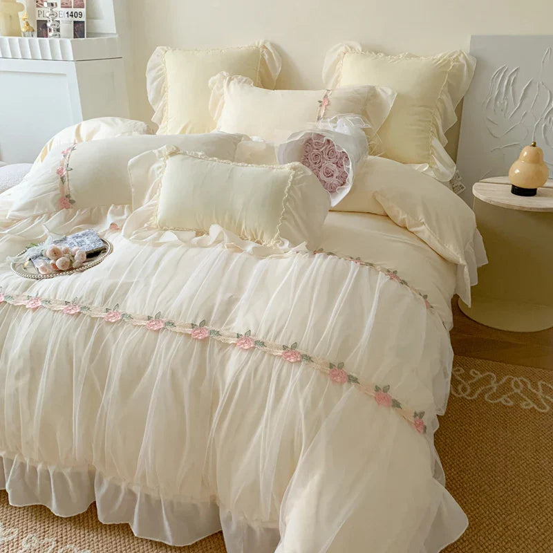 Afralia™ Pink French Princess Lace Ruffles Bedding Set with Pillowcases & Bed Sheet