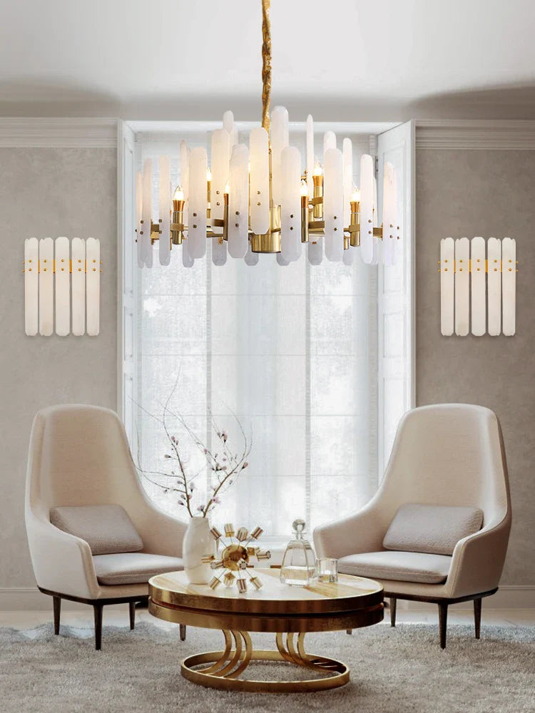 Afralia™ Gold Chrome LED Alabaster Chandelier for Dinning Room