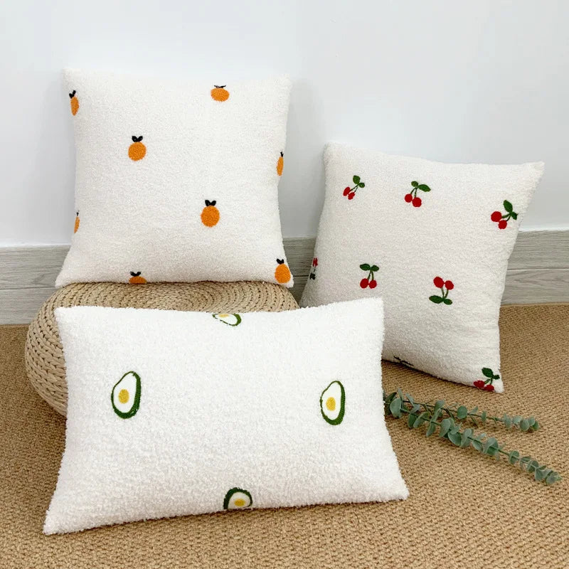 Afralia™ White Plush Fruit Embroidered Cushions - Cherry Daisy Bear Covers - 45*45CM