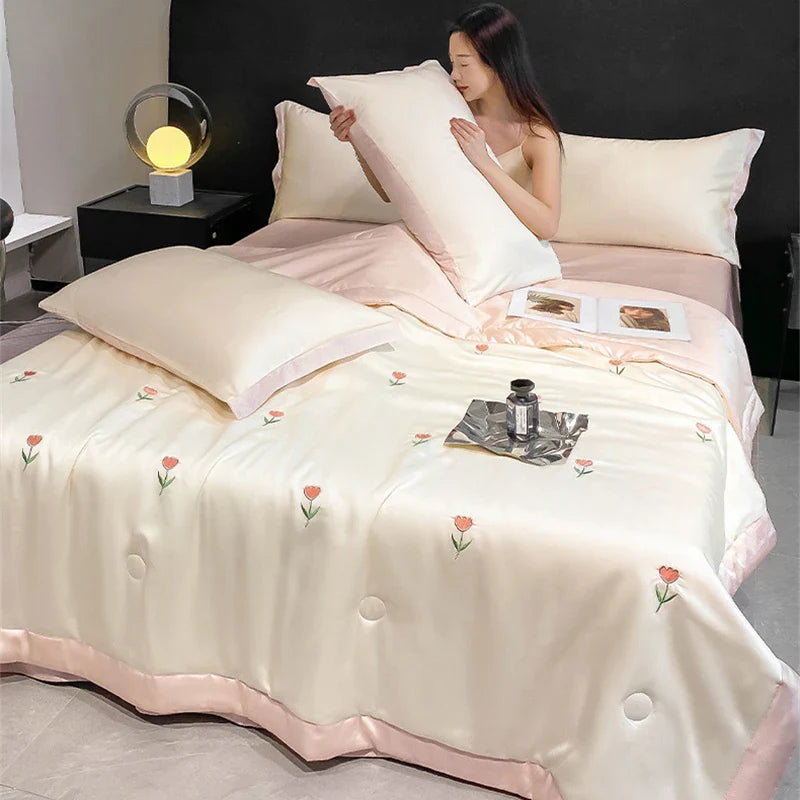 Afralia™ Bowknot Embroidered Summer Bedding Set - Soft & Skin-friendly Quilt, Duvet, Pillowcases