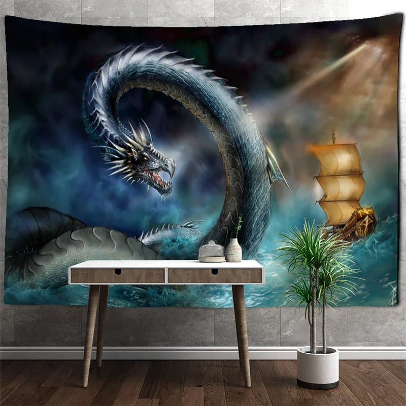 Afralia™ Golden Dragon Totem Carving Tapestry: Mysterious Psychedelic Wall Hanging