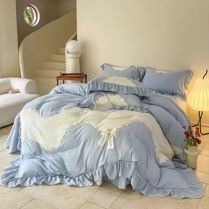 Afralia™ Lace Embroidery Princess Bedding Set - Duvet Cover, Sheet, Pillowcases - Blue Pink Purple