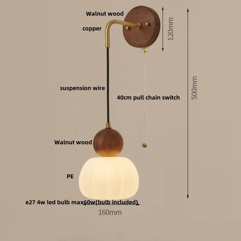 Afralia™ Walnut Wood LED Wall Lamp Sconce Pull Chain Switch Adjustable Art Light