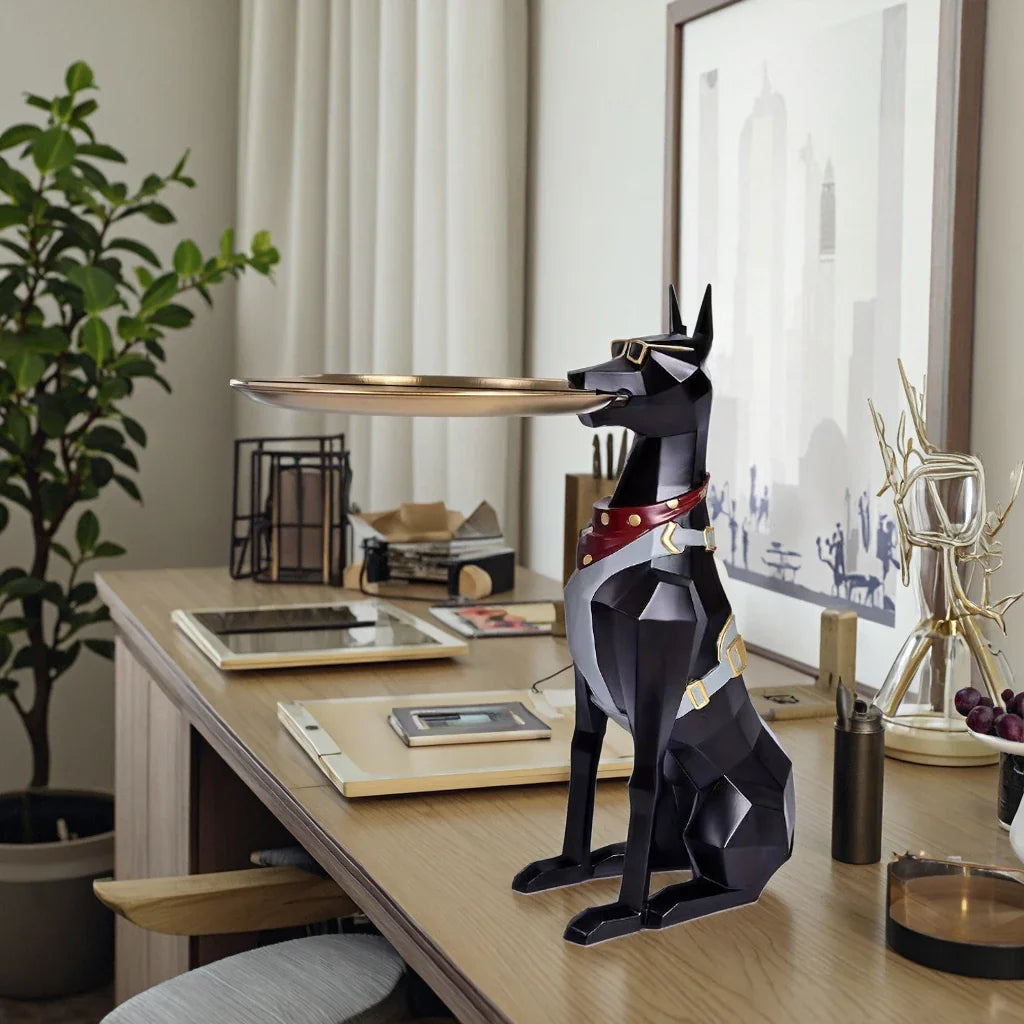 Afralia™ Resin Doberman Tray Statue Decor Storage Organizer for Living Room pet lovers.