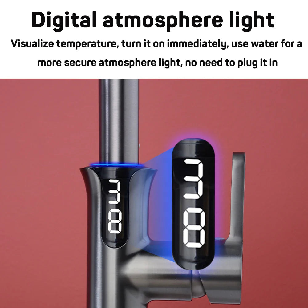 Afralia™ Digital Display Waterfall Kitchen Sink Faucet with Pull Out Sprayer