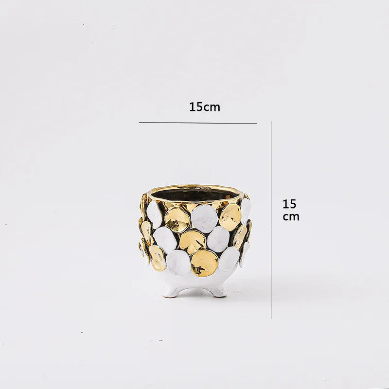 Afralia™ Geometric Gold Leaf Relief Ceramic Vase - Elegant Hand-Appliqued Flower Pot Home Decor