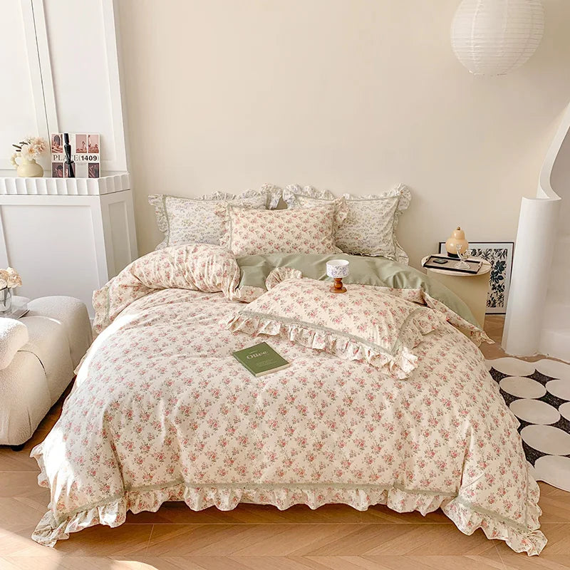 Afralia™ French Floral Bedding Set, 100% Cotton, Ruffles, Duvet Cover, Bed Sheet, Pillowcases