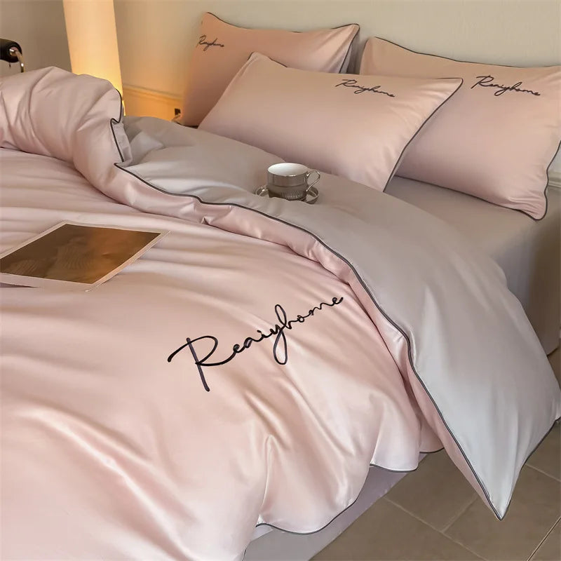 Afralia™ Pure Cotton Luxury Embroidery Bedding Set - Nordic Solid Color Duvet Bedclothes