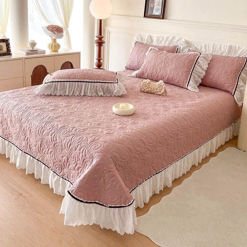 Afralia™ Princess Style Cotton Quilted Bedspread Set with Lace Edge & Pillowcase