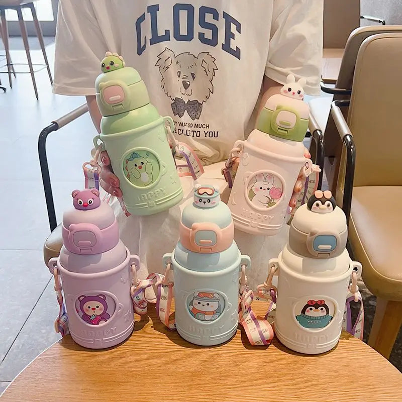 Afralia™ Cute Animals Thermos Bottle with Silicone Straw, Leak-Proof Vacuum Flask