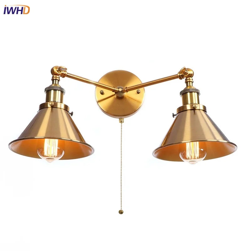 Afralia™ Industrial Vintage LED Wall Light 2 Heads Gold Iron Loft Lamparas De Pared