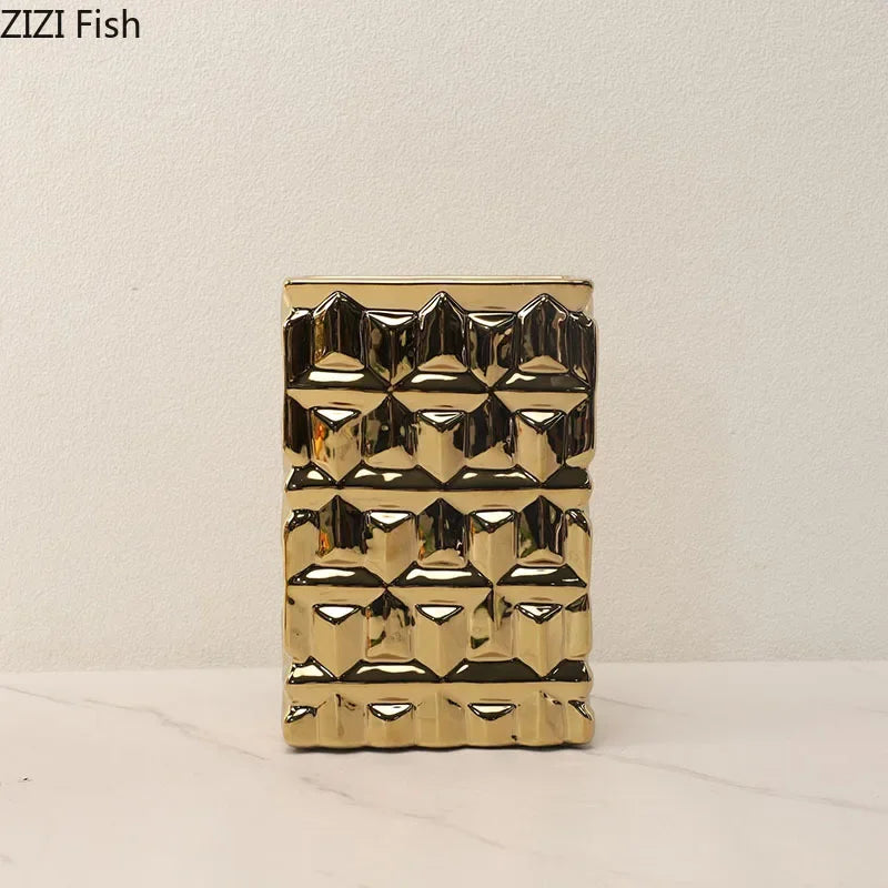 Afralia™ Golden Square Ceramic Vase with Artificial Flowers for Room Aesthetic Decor