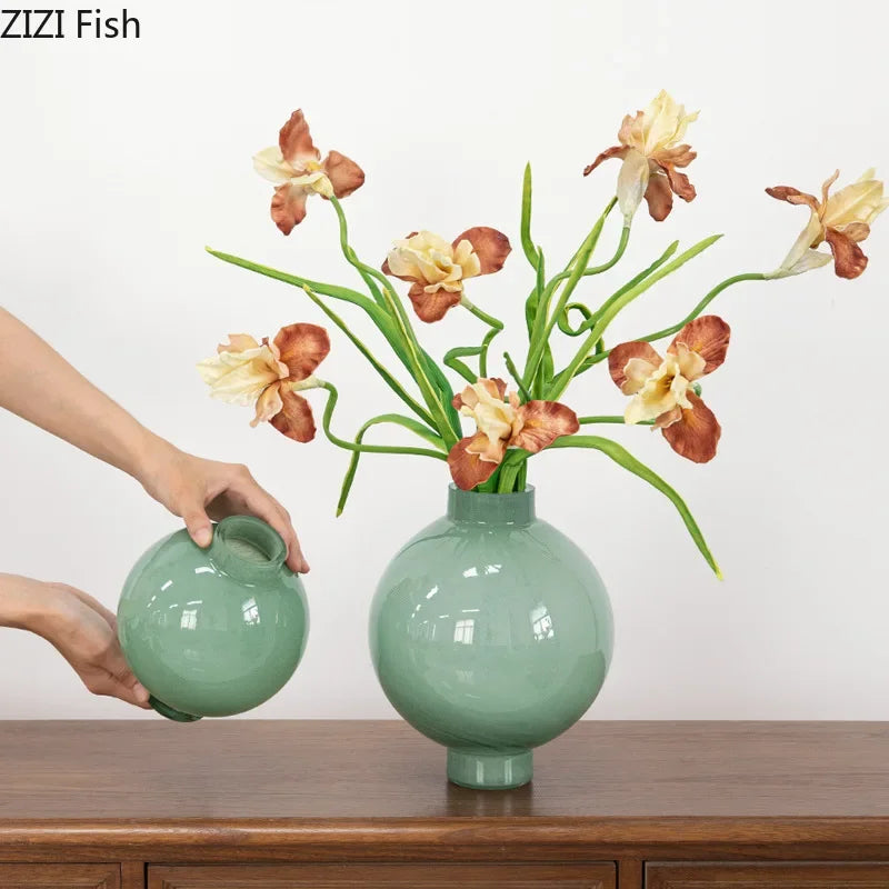 Afralia™ Round Green Glass Vase for Hydroponics & Floral Arrangement