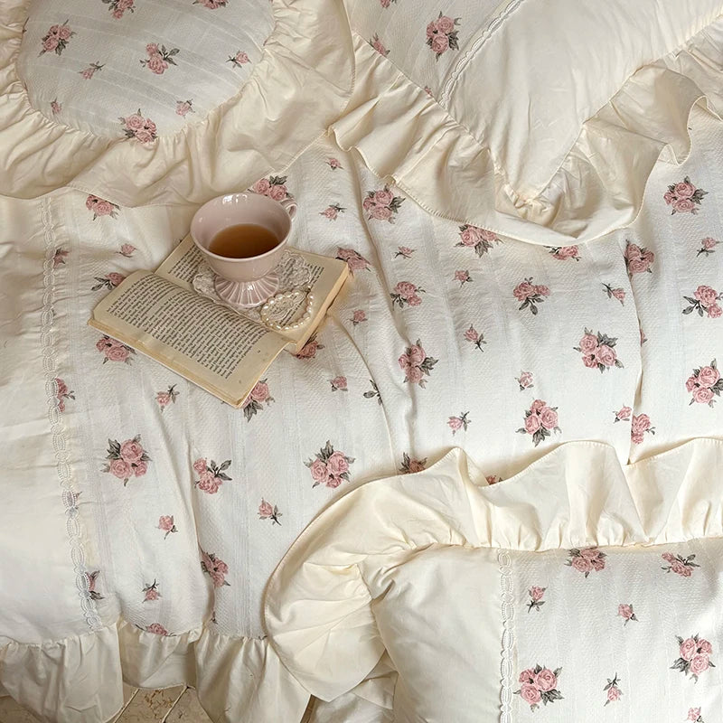 Afralia™ Vintage Floral Print Ruffled Bedding Set: Duvet Cover, Sheet, Pillowcases