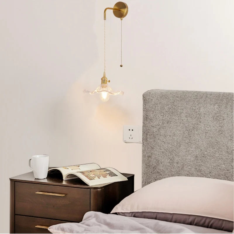 Afralia™ Copper LED Glass Wall Sconce with Pull Chain Switch for Living Dining Room