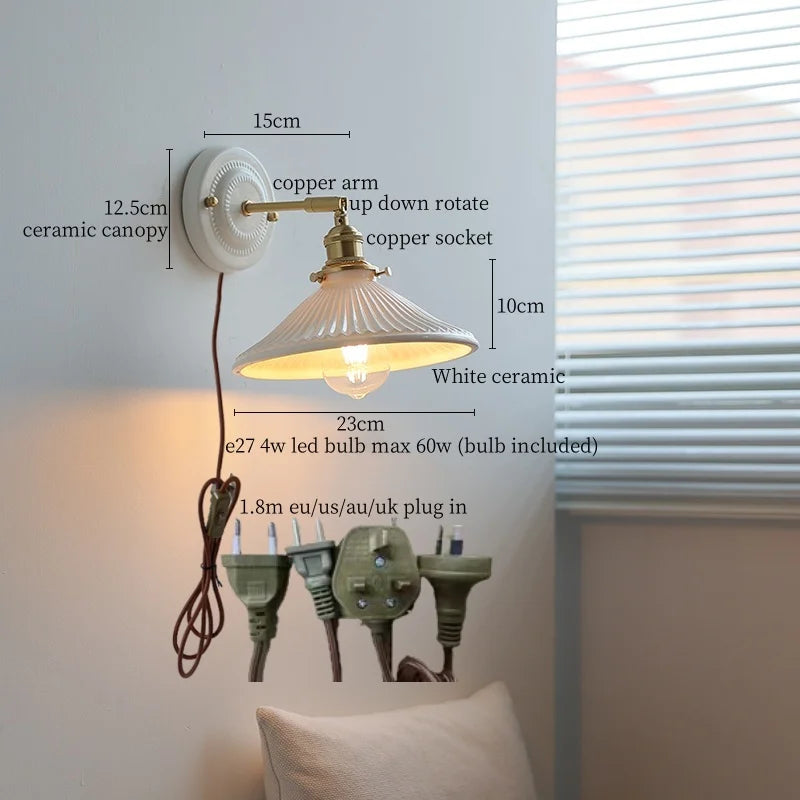 Afralia™ Nordic Ceramic LED Wall Sconce Copper Bedside Lamp for Living Room Bedroom Mirror
