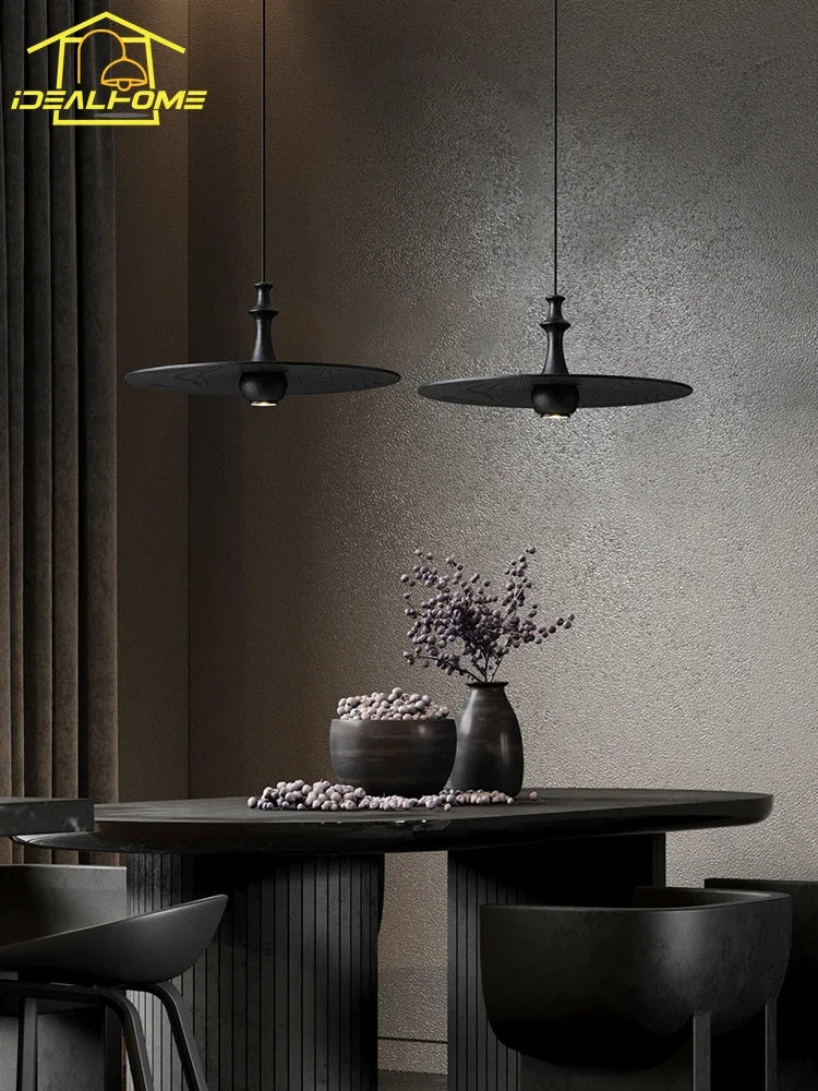 Afralia™ Black Solid Wood Saucer Pendant Lights, LED GU10, Minimalist Design