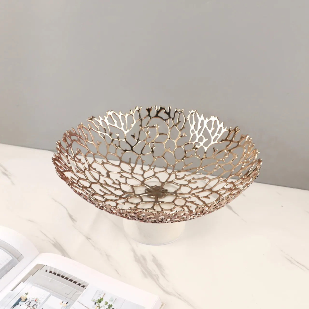 Afralia™ Coral Disc Pedestal | Metal Tray Marble Base Fruit Plate Gold Compote