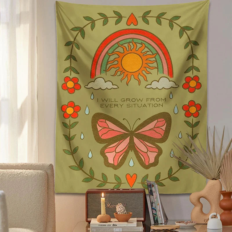 Afralia™ Retro Rainbow Butterfly Botanical Flower Wall Hanging Tapestry Home Decor