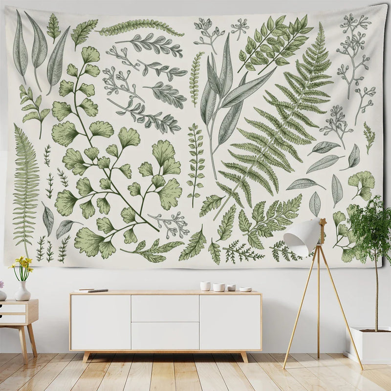 Afralia™ Botanical Tapestry Wall Hanging Fern Leaves Boho Nature Aesthetic Room Decor