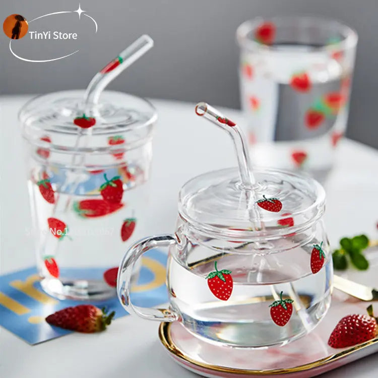 Afralia™ Strawberry Glass Cup 300/350ml Heat Resistant with Lip, Straw, Cute Design