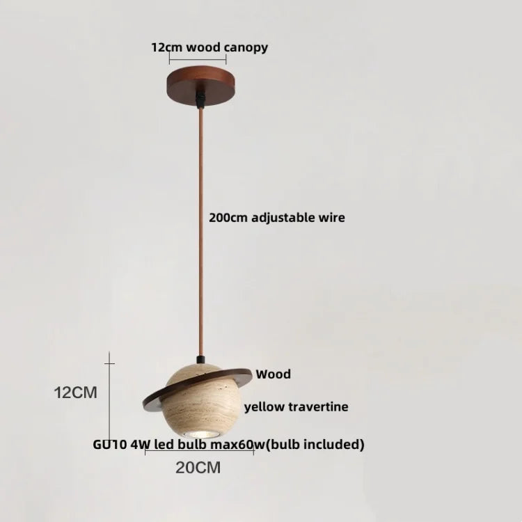 Afralia™ Round Wood LED Pendant Light | Yellow Travertine Stone | Wabi Sabi Home Decor