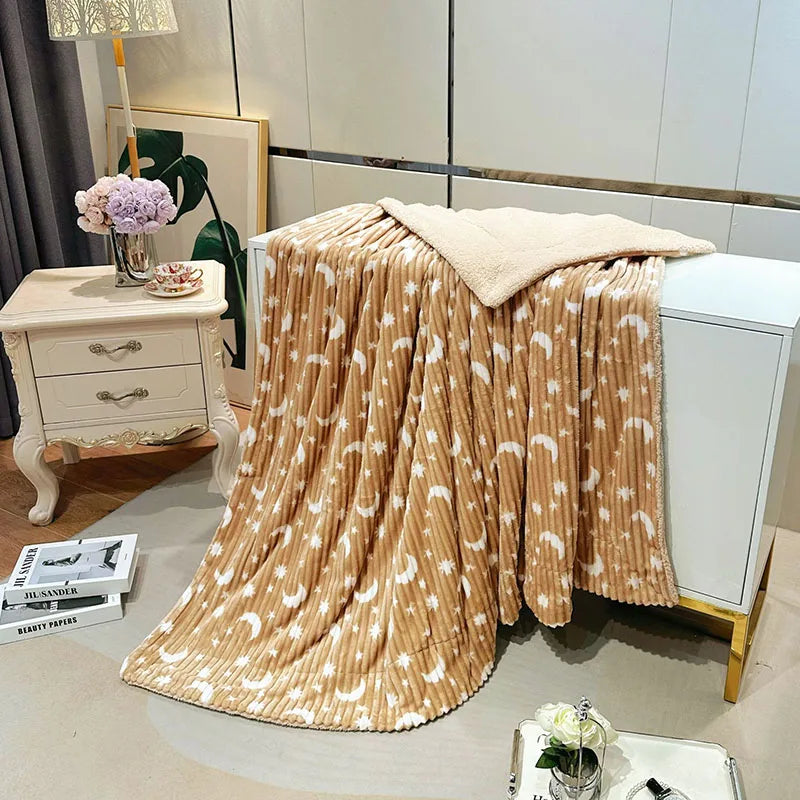 Afralia™ Star Moon Striped Fleece Blanket: Double Layer Flannel for Office Nap & Air Conditioning