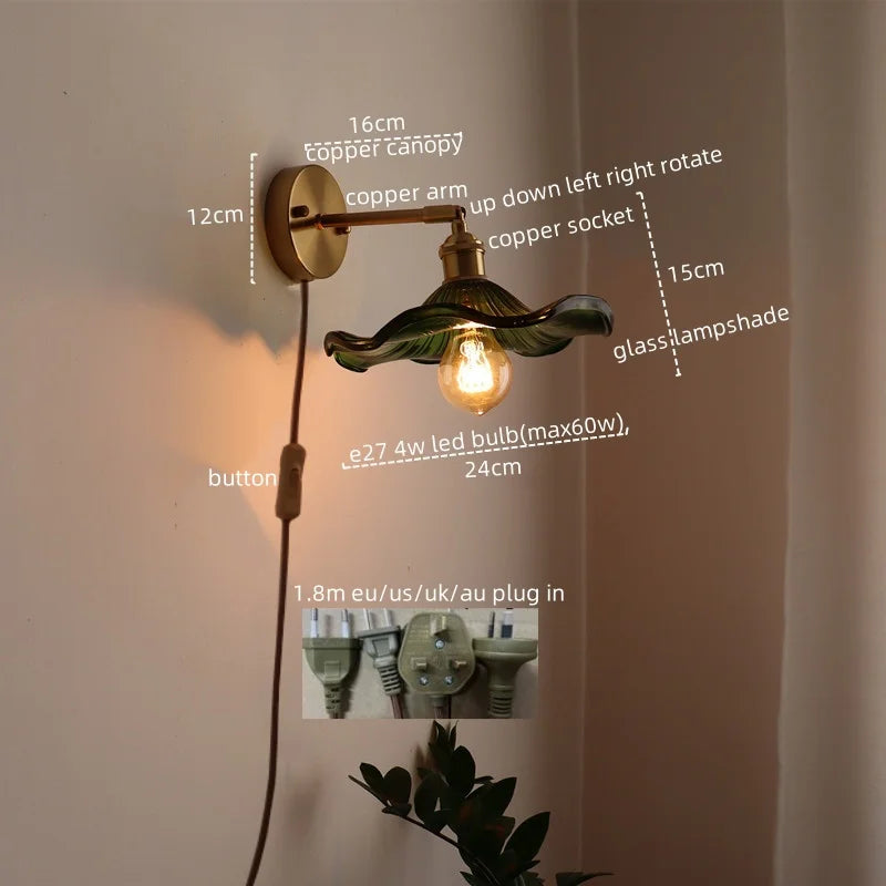 Afralia™ LED Glass Copper Wall Sconce Pull Chain Switch Lamp for Bedroom Living Room