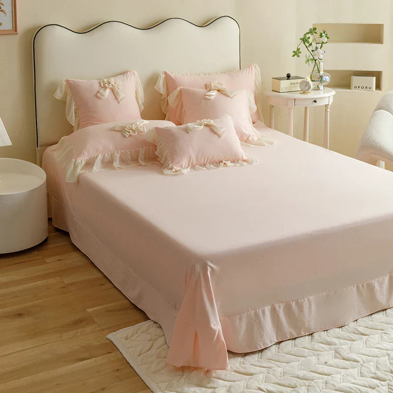 Afralia™ Sweet Lace Ruffles Flowers Bow Wedding Bedding Set - 200X230cm