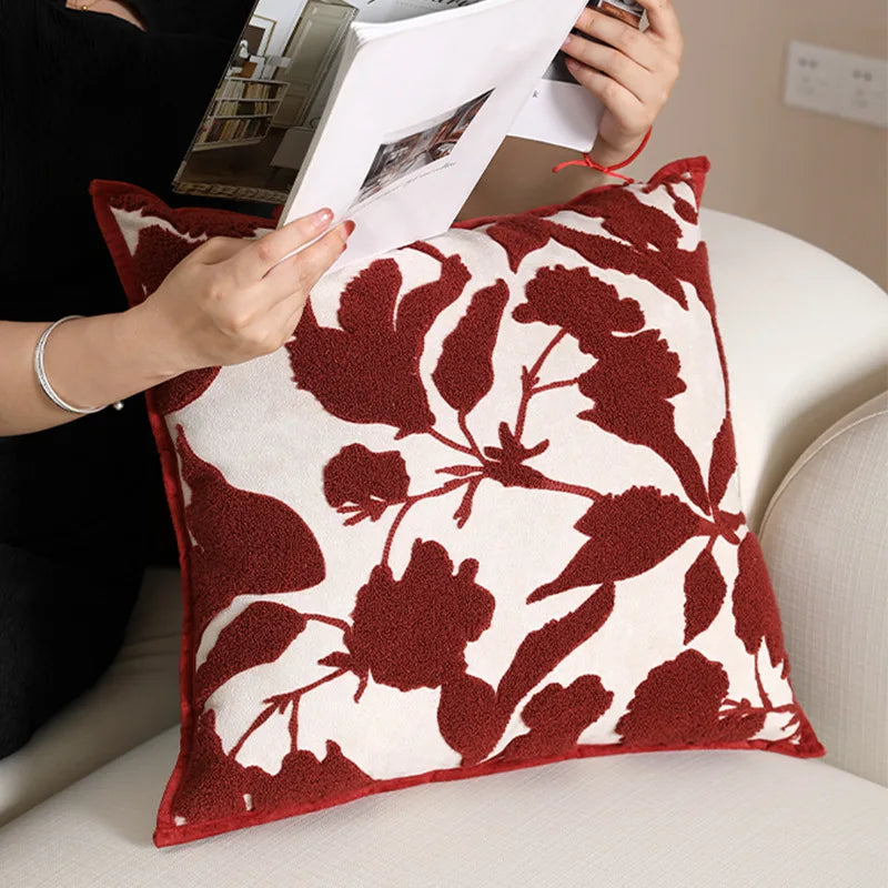 Afralia™ Red Embroidered Cushion Cover - Luxury Fabric Art Sofa Pillowcase for Home Décor