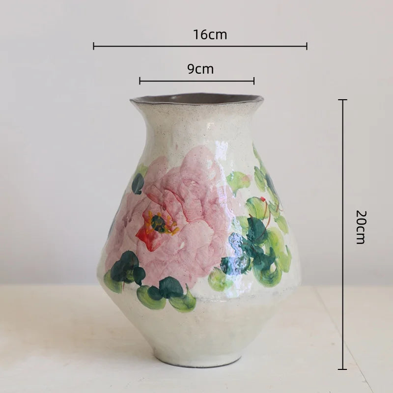 Afralia™ Handmade Chinese Watercolor Flower Vase Retro Decorative Earthenware Jars