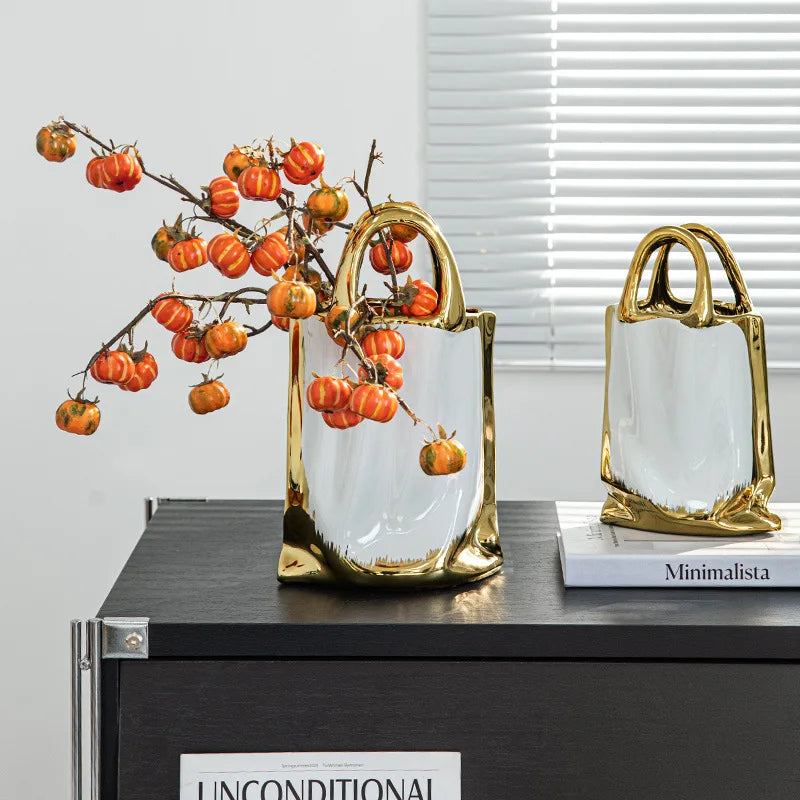 Afralia™ Gold Handbag Vase: Creative Ceramic Floral Arrangement Terrarium Home Decor