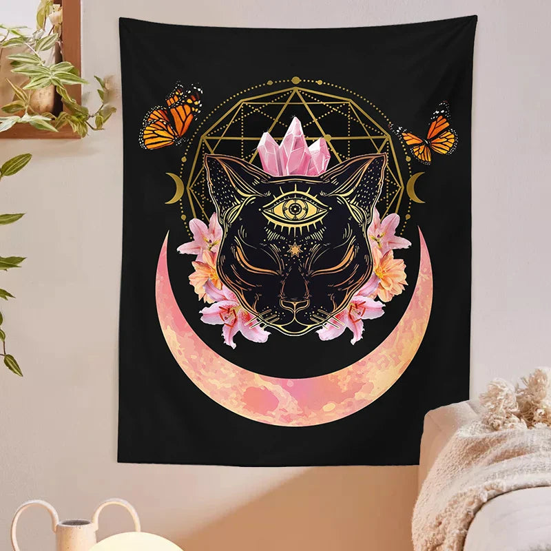 Afralia™ Cat Witch Moon Star Tapestry Wall Hanging - Trippy Psychedelic Wall Decor