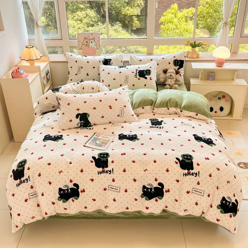 Afralia™ Cartoon Print Milk Velvet Bedding Set: Cozy, Skin-Friendly Winter Bedclothes
