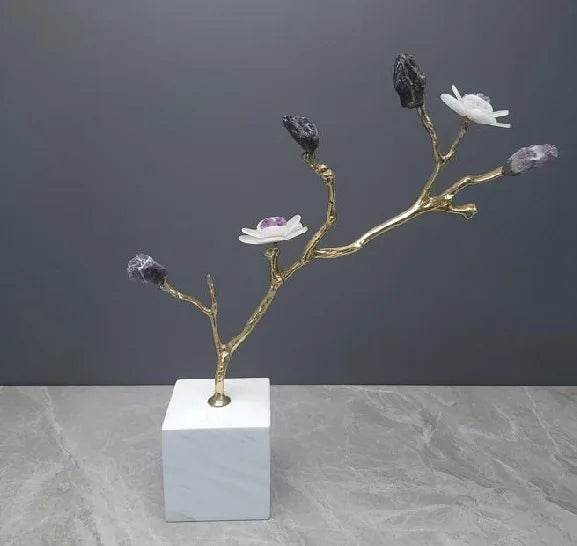 Afralia™ Crystal Flower Tree Sculpture: Golden Branches with Marble Base