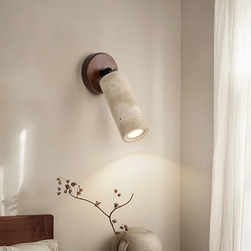 Afralia™ LED Wall Sconce Iron Rotate Kitchen Bedroom Hallway Yellow Travertine Wood Mirror Light