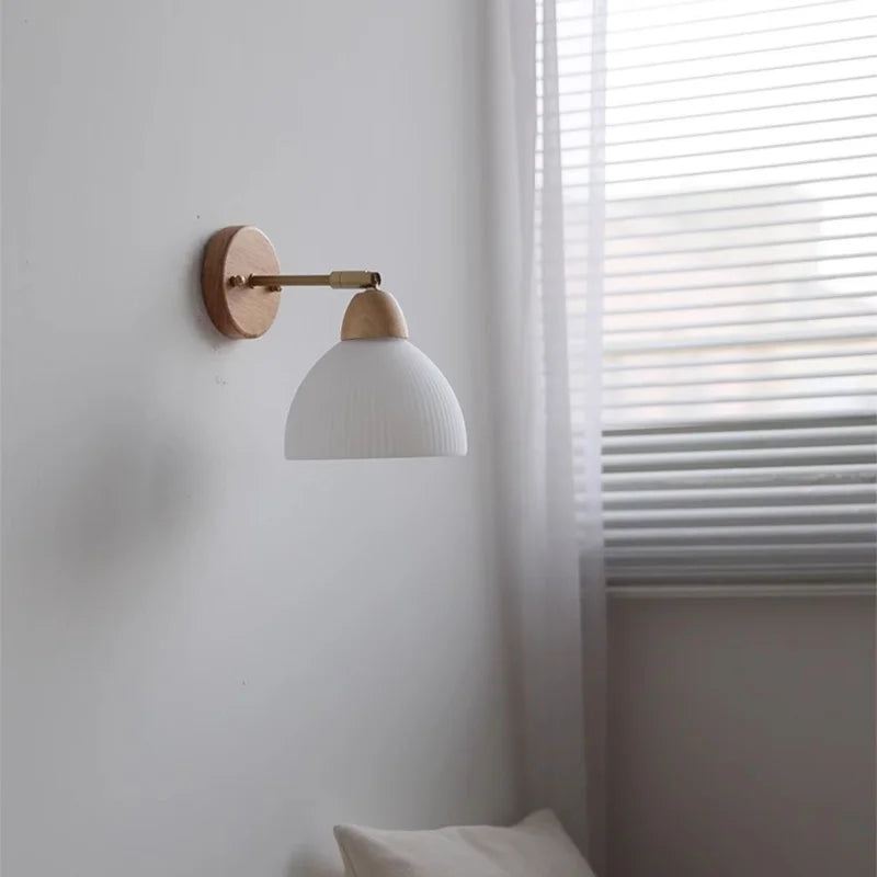 Afralia™ Copper Rotate White Glass Wood Wall Lights LED Bedroom Bedside Lamp