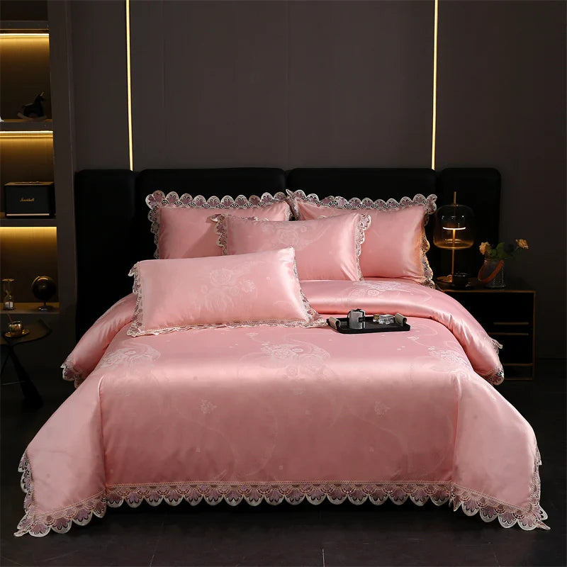 Afralia™ Golden Jacquard Cotton Lace Bedding Set - Silky Soft Duvet Cover, Flat Sheet, Pillowcase