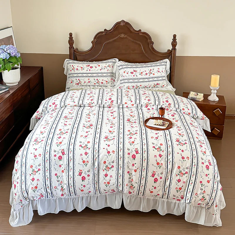 Afralia™ French Flowers Lace Ruffles Princess Bedding Set with Bed Sheet Pillowcases