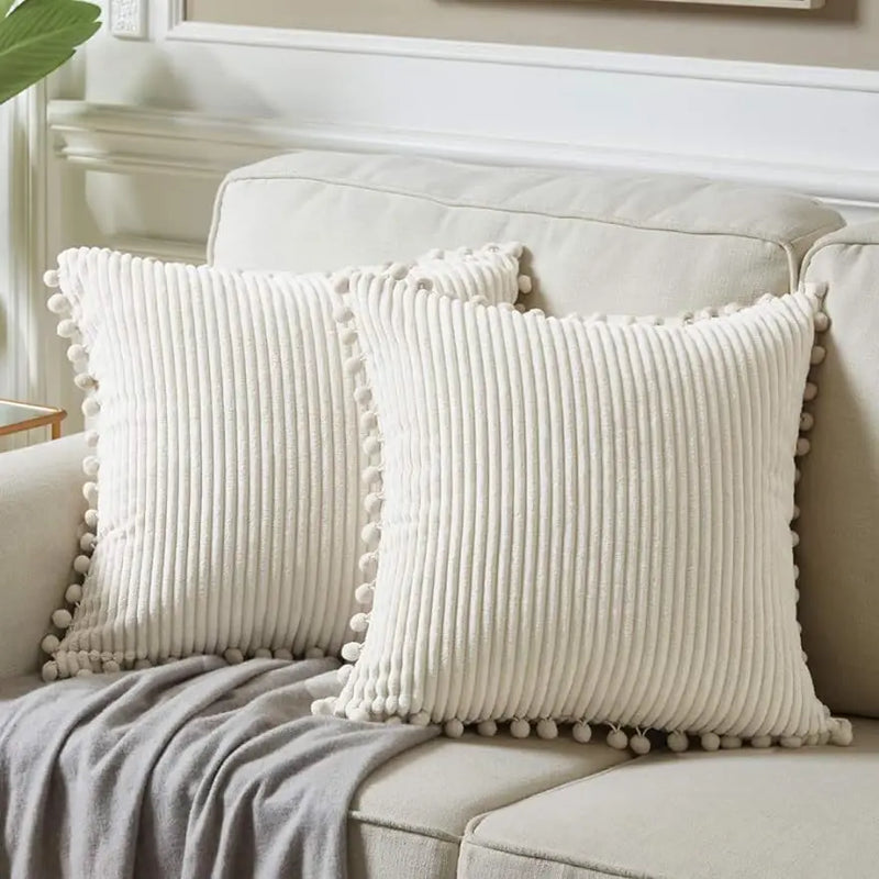 Afralia™ Beige Striped Cushion Cover with Pom Pom Detail Lumbar Throw Pillow Case