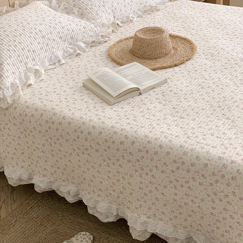 Afralia™ Korean Princess Floral Lace Ruffles Bedspread Set with 100% Cotton Quilting